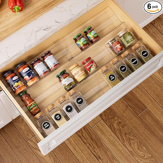 Expandable Spice Drawer Organizer Insert, 6-Pack Kitchen Adjustable Seasoning Rack Tray (13" to 26"), with Anti-Slip Mat, for Cabinet Countertop (Jars Not Included)