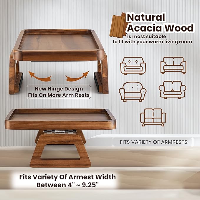 Tinamo 13.75" x 9.5" Acacia Couch Arm Table, Wooden Sofa Arm Tray, Armrest Table for Couch Wooden Sofa Armrest Tray, Clip-on Tray for Wide Couch - Side Table for Eating & Drink, Snack, Phone, Remote