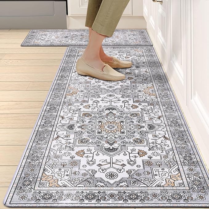 HEBE Anti Fatigue Kitchen Rugs Sets of 2, Non Slip Kitchen Mats for Floor, Waterproof Cushioned Comfort Standing Carpet for Kitchen Sink, Home Office, Laundry Room