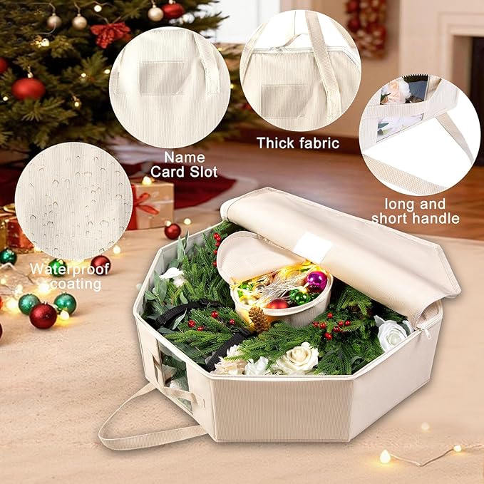 BrilliantJo Wreath Storage Hard Shell Christmas Decorations Case Bag with Interior Pockets 600D Oxford Fabric 24 Inch Xmas Container Box for Holiday Zipper and Handles Labeling Card Slot Houndstooth