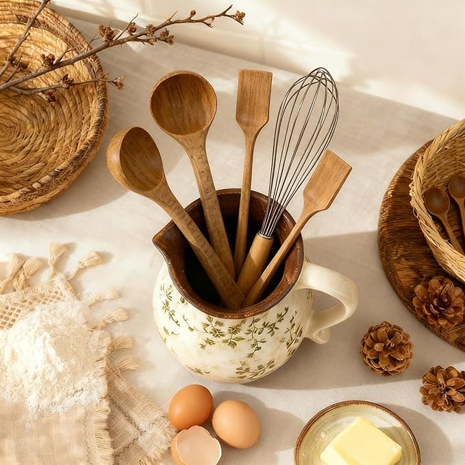 Ceramic Utensil Holder for Kitchen Counter, 6.1 Inch Vintage Farmhouse Rustic Cooking Utensil Holder, Modern Home Decor Countertop Organizer Crock for Flower Pot, Spoons & Kitchen Tools