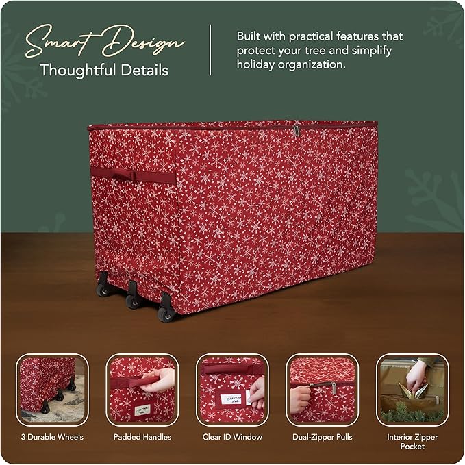 Covermates Keepsakes Christmas Tree Structured Rolling Storage Bag – Heavy-Duty Holiday Storage Container with Wheels, Padded Handles & Sturdy Inserts – Closet & Garage Organization, Red Snowflake