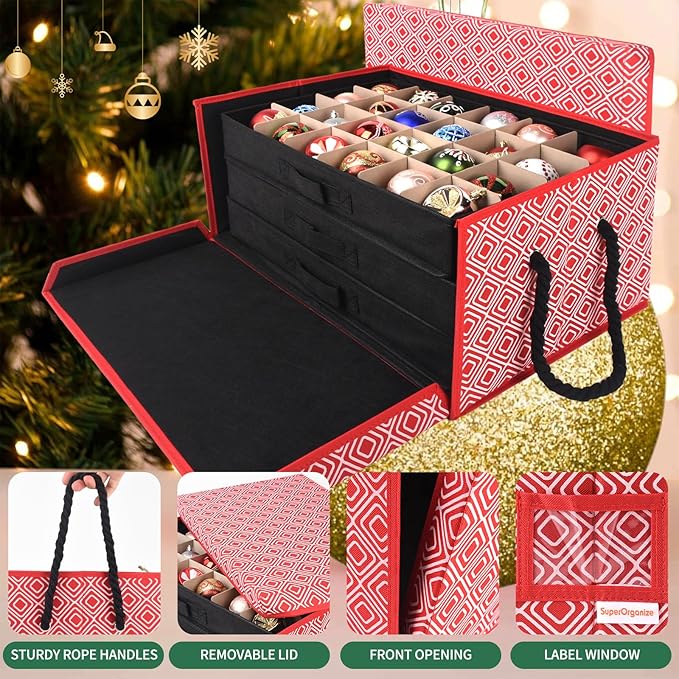 Christmas Ornament Storage Box,Christmas Ornament Organizer Storage Box with Dividers,Stackable 3 Drawer Organizers,Holds 3 Inch 72 Ornaments,Ornament Organizer,Christmas Ball Storage Container