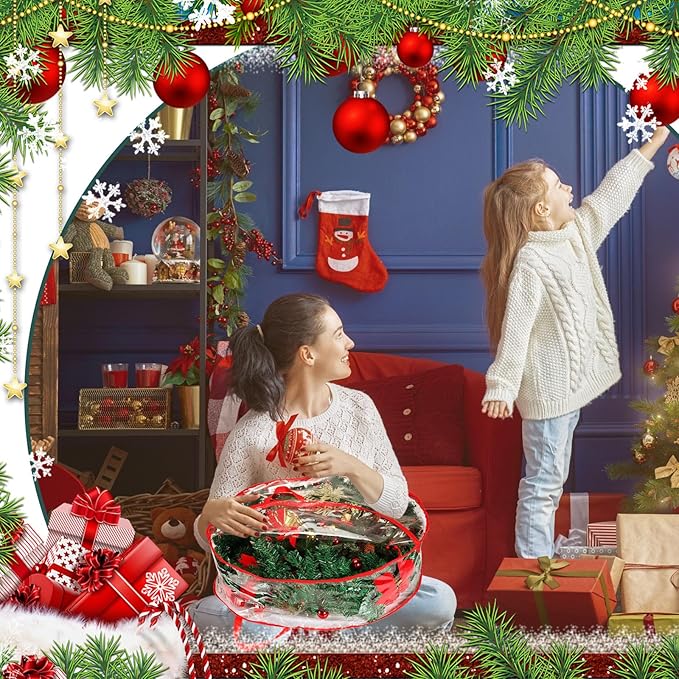 Shappy 6 Pieces Clear Christmas Wreath Storage Container 24 Inches Xmas Wreath Storage Bag Plastic Christmas Garland Container with Dual Zippers and Reinforced Handles for Xmas Seasonal (Red)