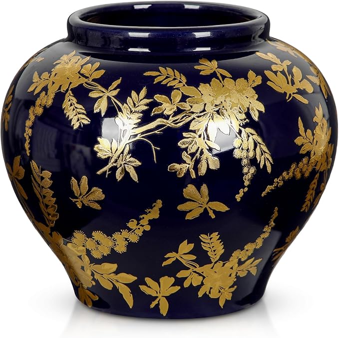 Hollyone Blue and Gold Vase Porcelain Vases 7inch Chinoiserie Vase Classic Ceramic Chinese Floral Vases for Bedroom Living Room Console Table Accent Shelf Tabletop Home Decor