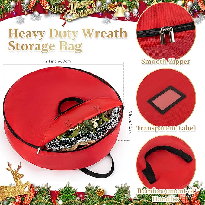 24 Inch RAINFLOW Christmas Wreath Storage Container - Heavy Duty Wreath Storage Bag With Handles Red Thickened Nonwoven Fabric Ideal For Household Organization Halloween Holiday Ornament Storage