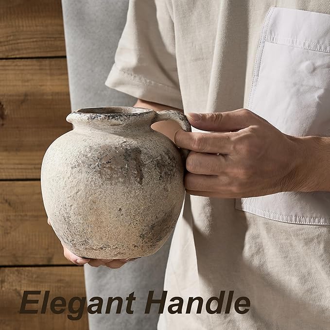 PORCER Antique Terracotta Vase with Handle, 5.6 Inch Farmhouse Ceramic Vase Boho Decor Decorative Vase, Rustic Vase for Home Decor, Living Room, Table, Wedding - Distressed Design, Gray