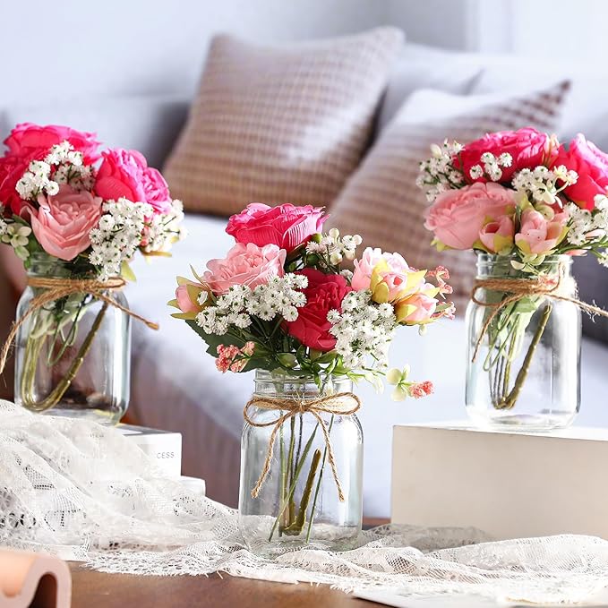 Zeyune 12 Sets Mason Jar Centerpiece Table Decorations, Artificial Peony Baby's Breath Flower Bouquets, Faux Flowers with Vase, Rustic Decor Gifts for Home, Wedding, Holiday (Pink Mix)