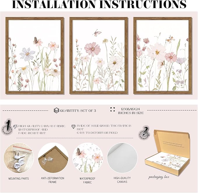 Framed Wildflower Wall Art Set of 3, Pink Floral Canvas Wall Decor Pictures, Vintage Flower Botanical Paintings, Nursery Flowers Butterfly Posters Prints for Bedroom Living Room 12x16 Inch