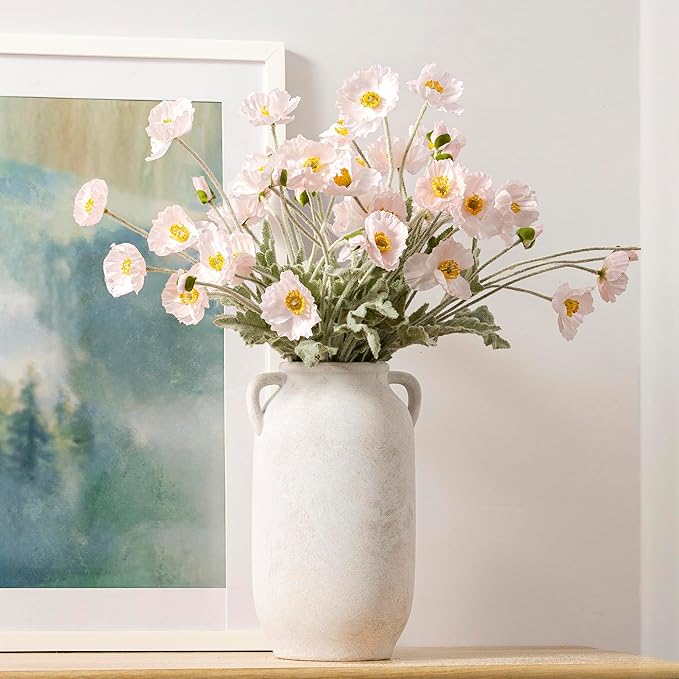 Large Flower Vase Home Decor - 12 inch Tall Ceramic Farmhouse White Rustic Table Vases with Handle Living Room Decoration Decorative Modern for Fireplace Kitchen
