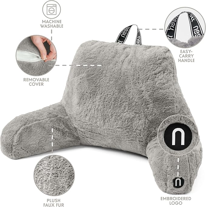 Nestl Fur Reading Pillow with Shredded Memory Foam, Stylish Back Pillow for Bed Sitting Up, Faux Fur Reading Pillows for Sitting in Bed Adult & Kids, Sit Up Back Support Pillow with Arms - Dark Grey