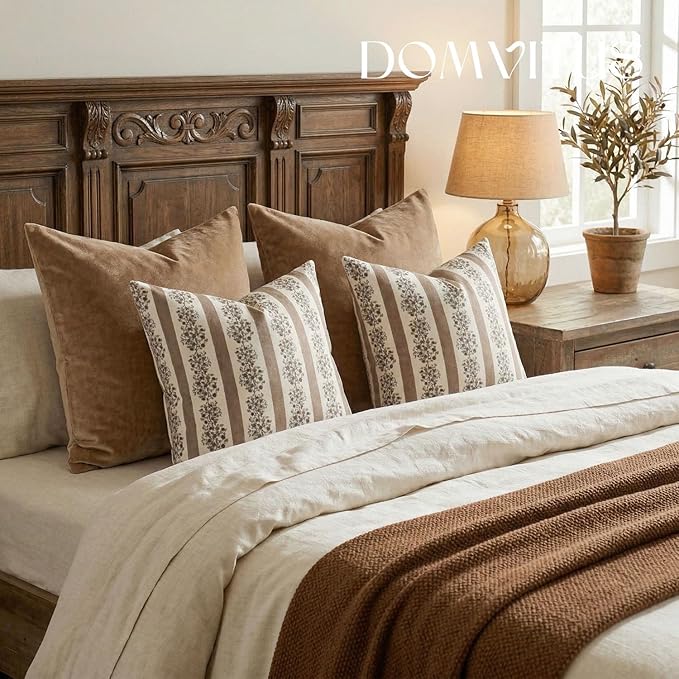 DOMVITUS Floral Throw Pillow Covers 22x22 Inch Set of 2, Block Print Decorative Pillow Covers Vintage Striped Neutral Farmhouse Boho Home Decor for Couch Sofa Bed Living Room, Brown