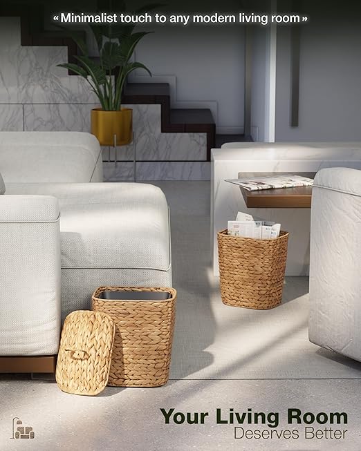 BLUEWEST 2.6 Gallon Wicker Trash Can with Lid, Handwoven Rattan Trash Can, Woven Decorative Wastebasket, Wicker Waste Basket with Removable Plastic Inner Bin for Bathroom, Bedroom, Office, or Kitchen