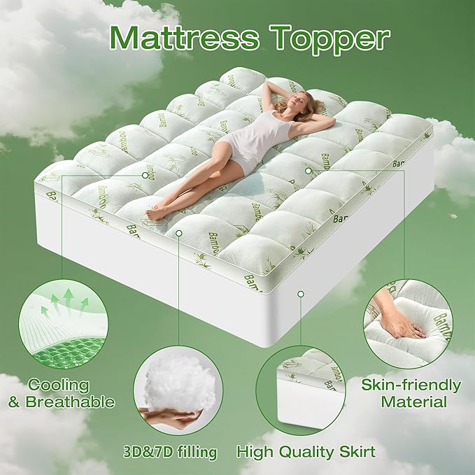 Mattress Topper Queen Size Viscose Derived from Bamboo, Thick Soft Pillow Top Mattress Pad Cover for Back Pain, Mattress Protector with 8-21 Inch Deep Pocket, White