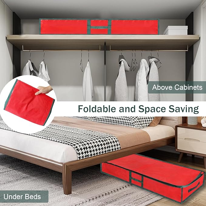 Christmas Gift Wrapping Paper Organizer Storage Bags,Plastic Container for Holiday Supplies & Accessories, Gift Bag Organizer, Under Bed Wrapping Paper Storage (Red)