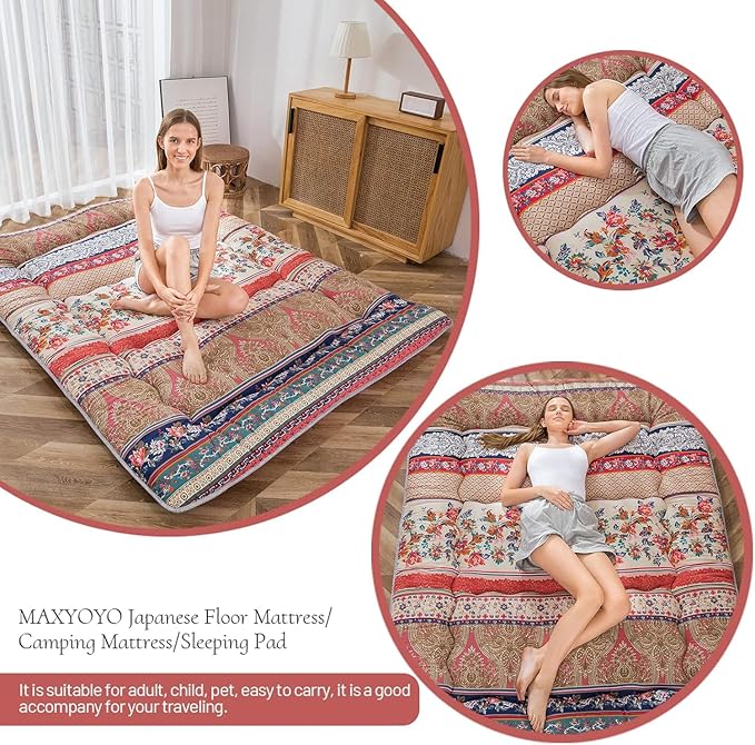 MAXYOYO Bohemian Retro Floor Mattress Vintage Floral Japanese Futon Mattress Roll Up Thicken Sleeping Mat Portable Camping Mattress Floor Lounger Couch Mattress Pad, Twin Size