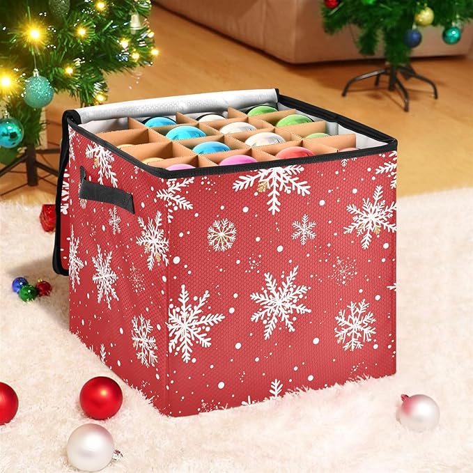 Red Snowflake Christmas Ornament Storage Basket Box Winter Snowman Holiday Storage Container Cube with Adjustable Dividers for 64 Holiday Ornaments or Decorations Keeps Clean and Dry for Next Season