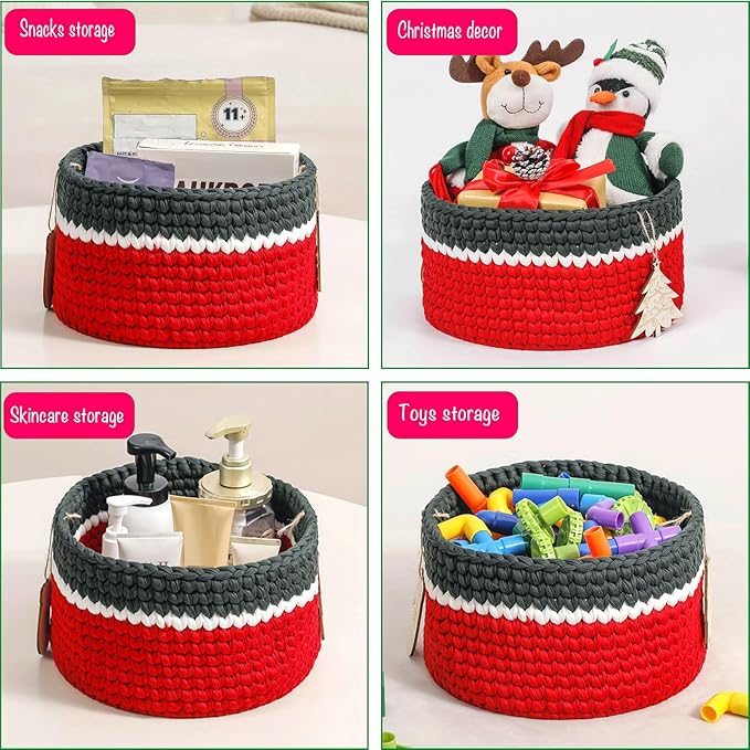 Handwoven Christmas Basket Fabric Christmas Gift Basket Empty with 2 DIY Wooden Tags – Foldable, Soft & Sturdy Holiday Storage Baskets Red Storage Bin for Ornaments, Toys, Snacks, Home Decoration