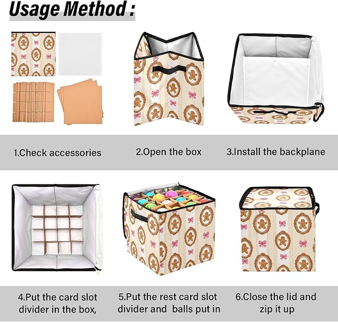 Gingerbread Man Christmas Ornament Storage Basket Box Candy Cane Winter Holiday Storage Container Cube with Adjustable Dividers for 64 Holiday Ornaments or Decorations Keeps Clean and Dry
