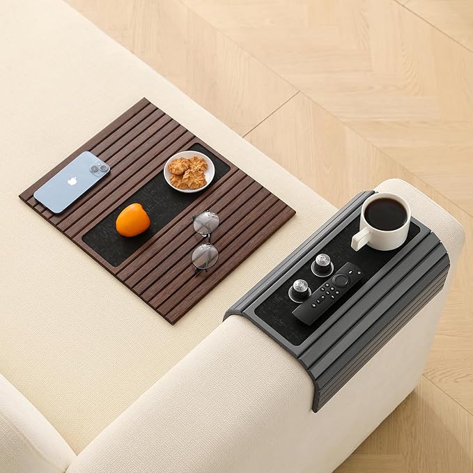 Bamboo Couch Arm Tray Table with Anti-Slip Cork Pad，Foldable Sofa Armrest Tray Table for Couch，Flexible Couch Arm Cup Holder，Portable Sofa Arm Chair Table for Drink, Snacks, Phone, Remote (Gray)