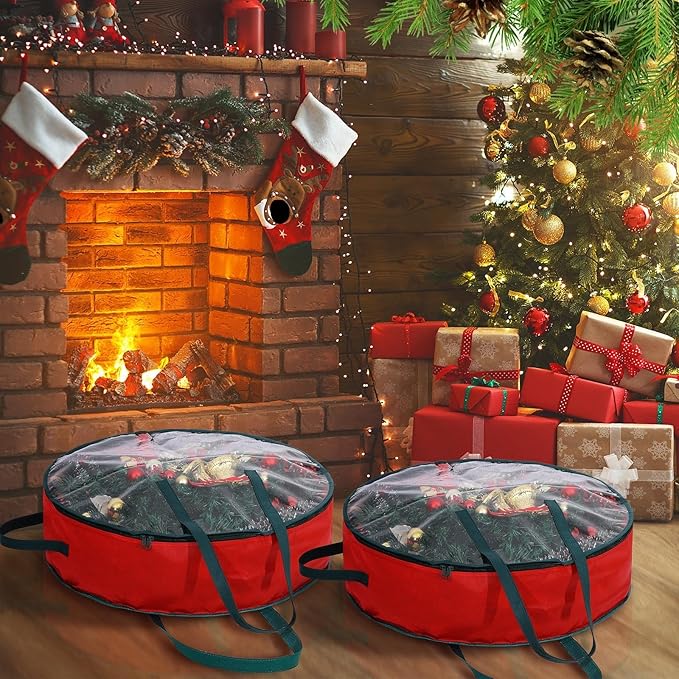 Shappy 8 Pcs Red Wreath Storage Bag Clear Wreath Box Storage Containers with Clear Window and Handle Garland Containers for Holiday Seasonal Bags