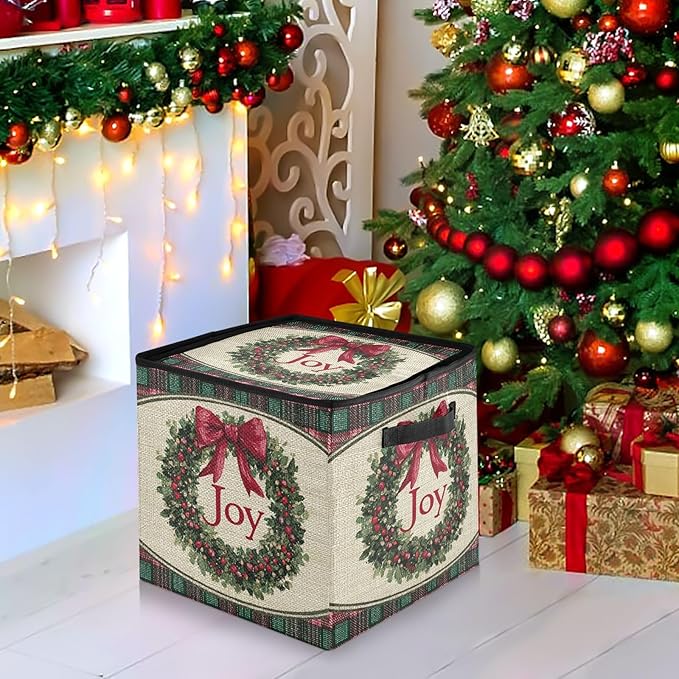 Jingle Bells Christmas Ornament Storage Basket Box Red Green Buffalo Plaid Holiday Storage Container Cube with Adjustable Dividers for 64 Holiday Ornaments or Decorations Keeps Clean and Dry