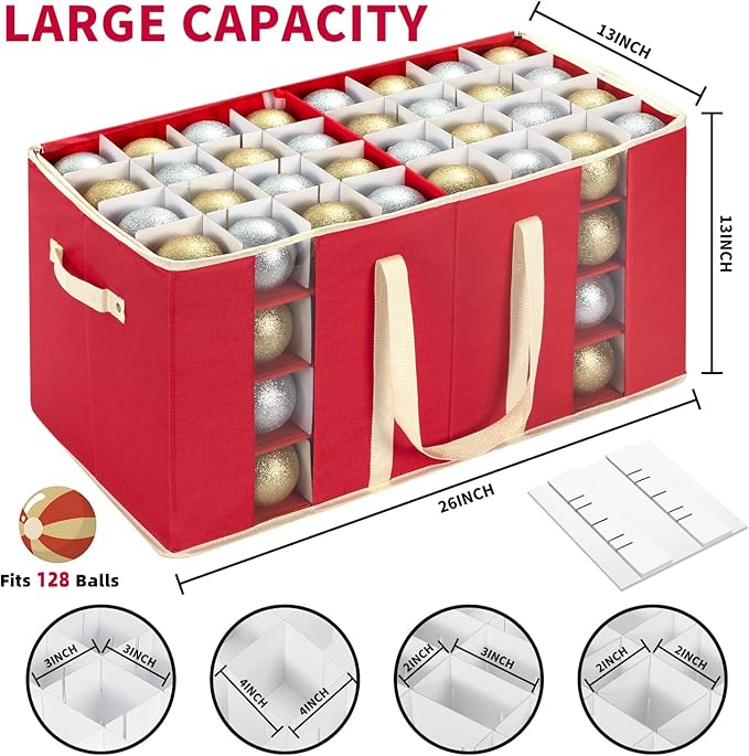 DIMESHY Large Christmas Ornament Storage Box With Adjustable Dividers,Ornament Storage Container with Two Handlesfor 128 Holiday Decorations,Red