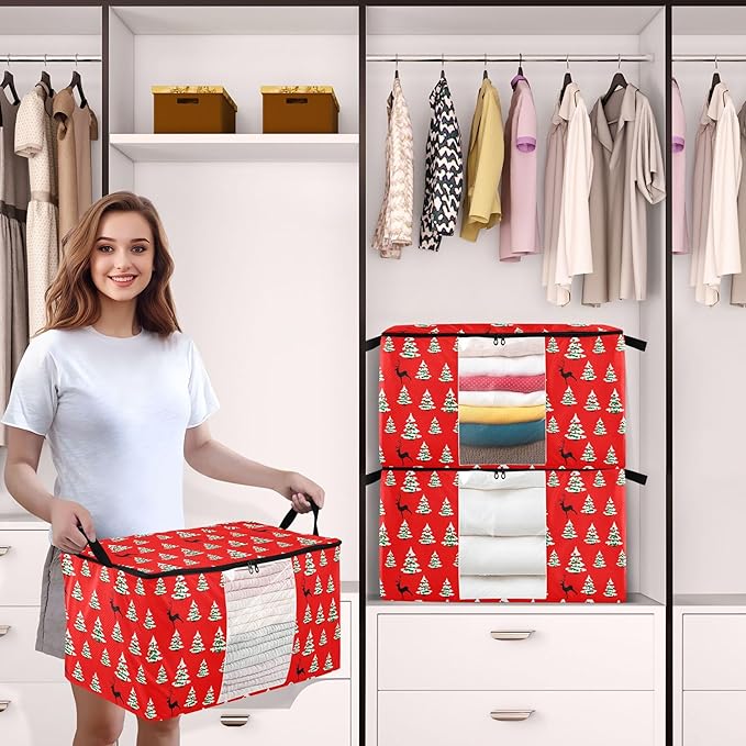 Burbuja 2 Pack Storage Bag Organizer with Handles for Clothes, Blankets, Bedding, Christmas Tree Foldable Storage Bag with Zipper & Clear Window, 95L