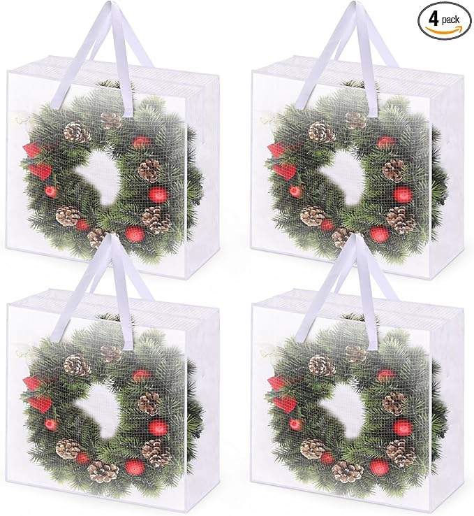4PCS Christmas Wreath Storage Container, 25" Large Moving Bags Garland Container Clear Storage Bags with Handles Zippers Clear Christmas Storage Bags for Xmas Seasonal Holiday Wreath Storage Wrapping