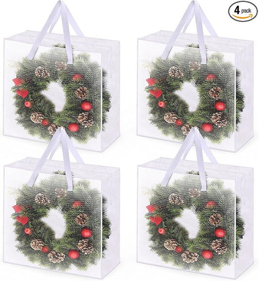 4PCS Christmas Wreath Storage Container, 25" Large Moving Bags Garland Container Clear Storage Bags with Handles Zippers Clear Christmas Storage Bags for Xmas Seasonal Holiday Wreath Storage Wrapping