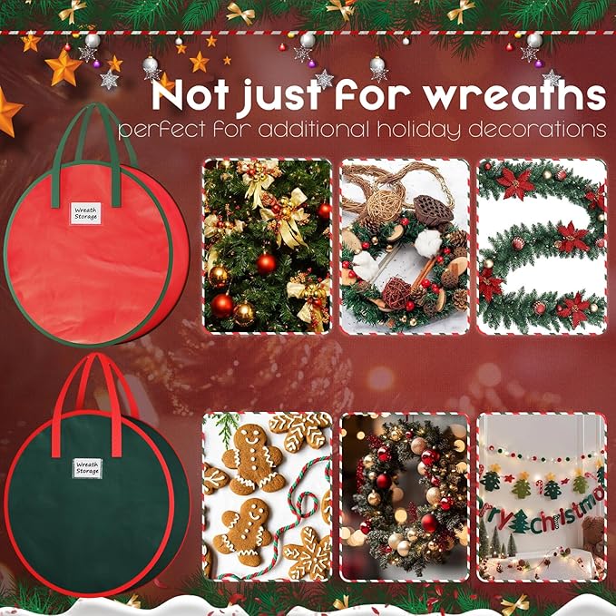 Criusia Wreath Storage Container, 2 Pack Christmas Wreath Storage Bag with Sturdy Handle, Two-way Zipper,Durable Wreath Storage Organizer Box for Holiday Decoration (Red, 30"x8")
