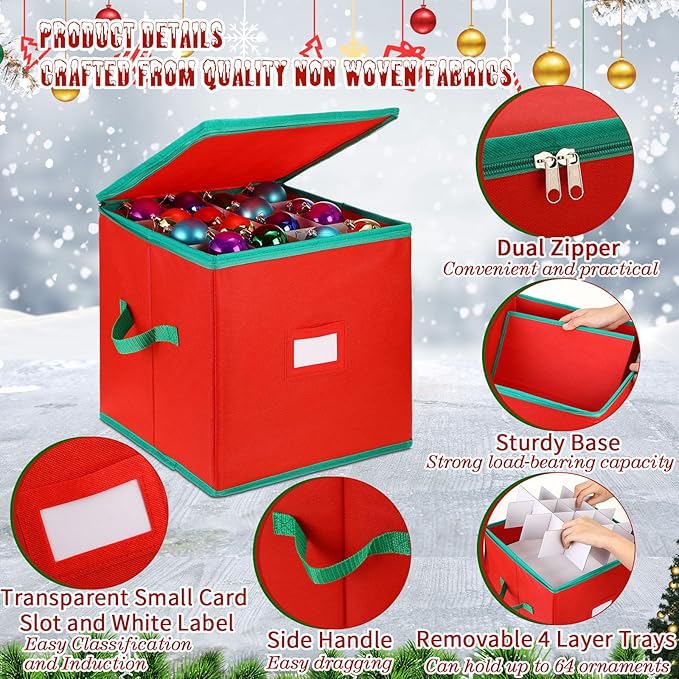 Maxcheck 4 Pcs Christmas Ornament Storage Box 16 Trays for 256 Holiday Ornaments in Total 3 Inch Decoration Organizer Storage Container with Adjustable Dividers Dual Zipper Closure Xmas Holiday