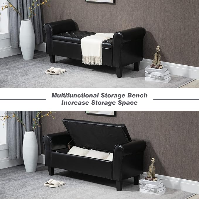 ECOTOUGE Storage Bench for Bedroom, Rolled Arm Ottoman, Rectangular Leather Upholstered Footrest for Living Room, Black