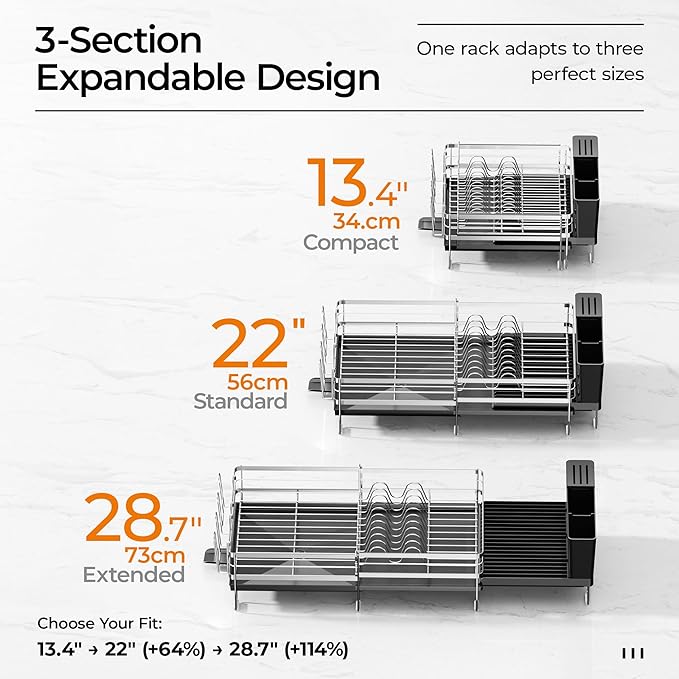 Delamu Stainless Steel Dish Drying Rack, Expandable Dish Drainer, Anti-Rust Large Dish Racks for Kitchen Counter, Dish Strainers with Drainboard, Utensil Holder & Cup Holder, 13.4"-28.7" L x 11.8" W
