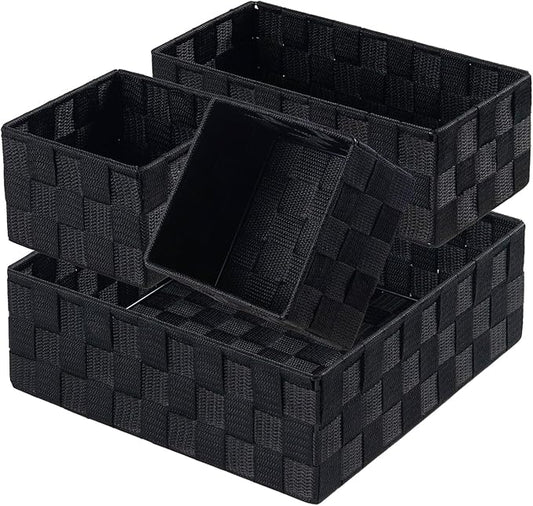 Posprica Small Black Baskets Cube Bin Container Tote,Woven Storage Baskets for Organizing Organizer Divider for Drawer, Closet, Shelf, Dresser, Set of 4