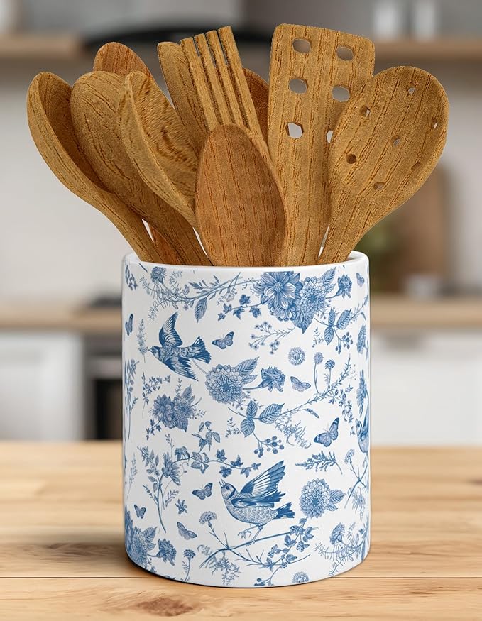 Whaline Blue Floral Ceramic Utensil Holder Vintage Chinoiserie Flower Bird Utensil Crock for Home Kitchen Countertop Storage Organizer Container