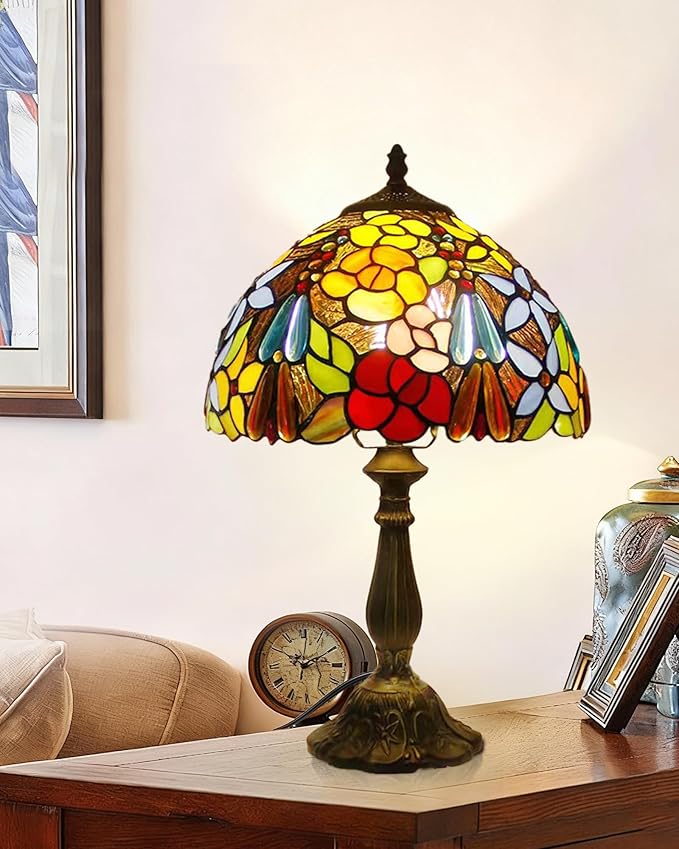 Tall Table Lamps Bedside Nightstand Rose Flower Beads Stained Glass Table Lamp for Bedroom,Living Room,Dining Room Restaurant Hotel Desk Reading Light+LED Bulb,12X12X18 INCH