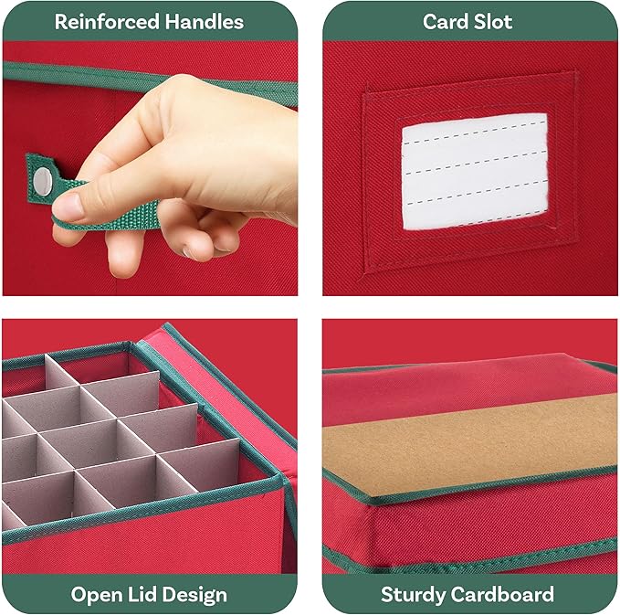 Elf Stor Christmas Box with Adjustable Dividers and Lid Ornaments Storage, Red (Pack of 4)