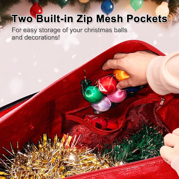 Christmas Tree Storage Bag 9ft, Heavy Duty Artificial Xmas Bag with Reinforced Handles, Dual Zippers Wide Opening, Two Mesh Pockets, PE Large Storage Container for Decorations Trees (Red)