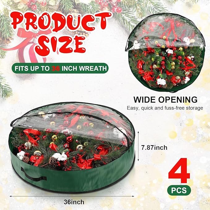 Aliceset 4 Pack Wreath Storage Containers, Ornament Garland Wreath Storage Bags with Handle Zipper Decorative Storages Box for Winter Valentine Wreaths(36 x 36 x 7.8 Inch,Green)