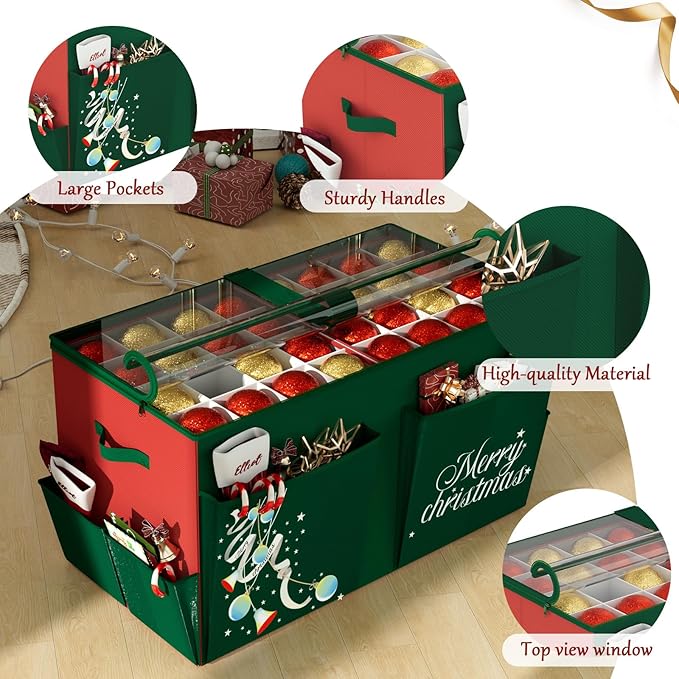 homyfort Christmas Ornament Storage Box, Large Compartment Ornament Organizer Boxes Containers with Dividers for 128 Xmas Holiday Christmas Tree Ornament Storage
