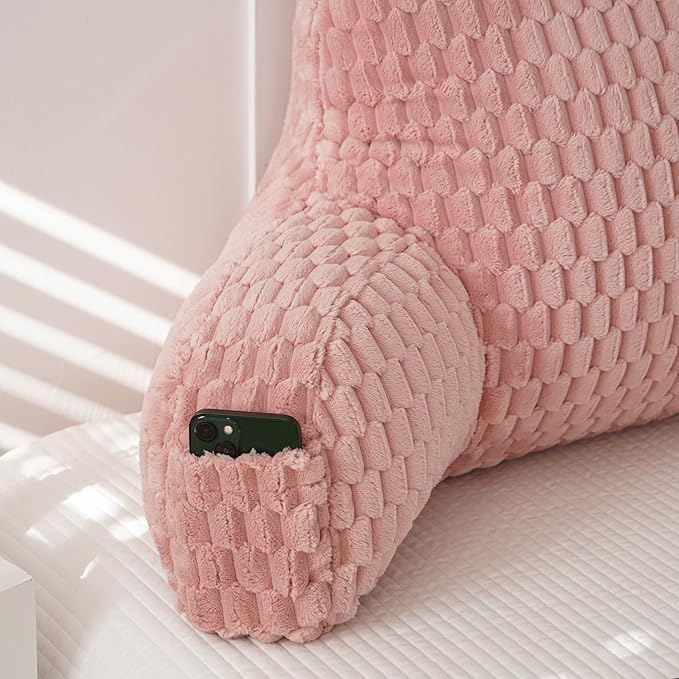 Yaoshuho Fluffy Reading Pillow for Sitting in Bed, Large Backrest Bed Pillow with Arms, Back Support Pillow for Lounging Bedrest, Old Pink