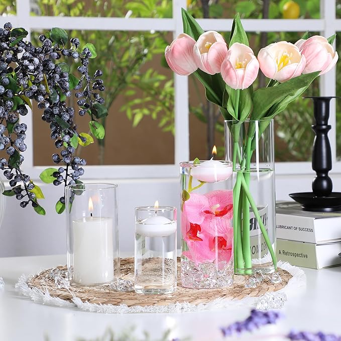 24 Pcs Floating Candles 12 Glass Vases for Centerpieces with 400 Acrylic Fake Ice Cubes 6 Pearl String Vase Filler Floating Candle Centerpieces for Tables Party Event Wedding Home Decor