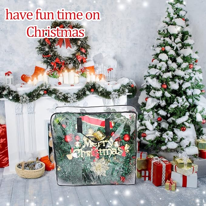 4 Pcs Christmas Wreath Storage Container Clear Organizer Bag for Xmas Moving With Handles and Dual Zipper Holder Plastic Tote (24 x 7 Inch)