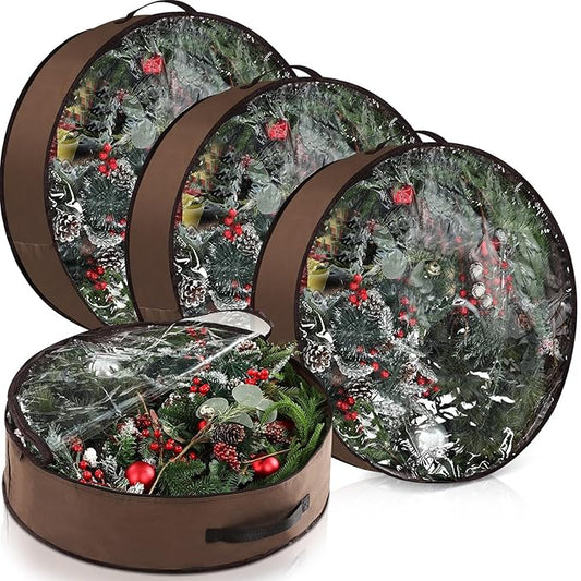 4 Pack Wreath Storage Container, 36 Inch Christmas Wreath Storage Box with Clear Window and Handles Upgrade Oxford Cloth Garland Bags with Dual Zipper for Xmas Wrapping, Brown
