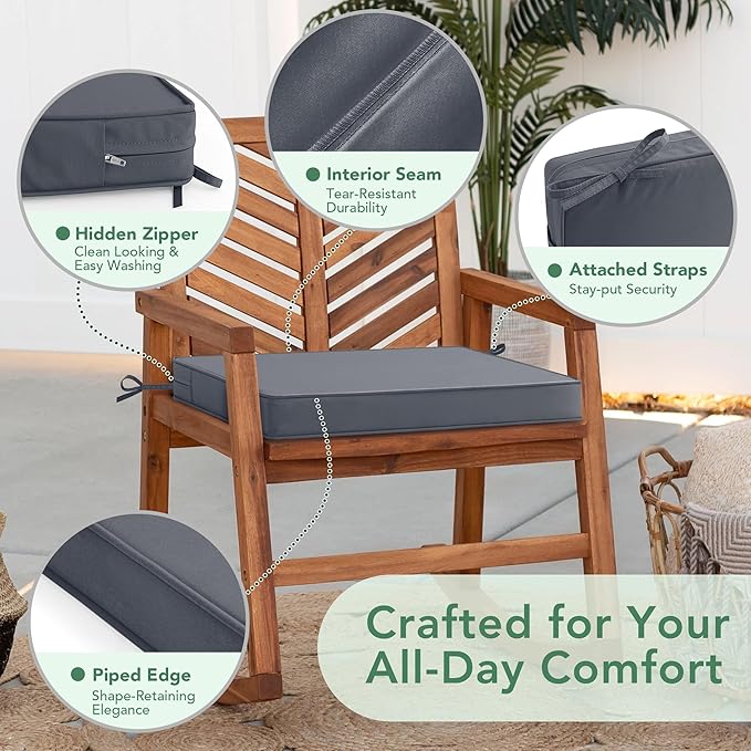Outdoor Chair Cushions Set of 6: Waterproof & Color Fastness Seat Cushion for Patio Furniture - 22 x 22 x 3 Inch Chair Pads with Ties and Hidden Zipper - Patio Chair Cushion Replacement, Dark Grey