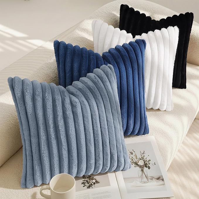 decorUhome Cozy Faux Fur Throw Pillow Covers 20x20 Set of 2 Decorative Soft Plush Striped Modern Farmhouse Boho Couch Pillow Cases with Velvet Back for Sofa Bed Living Room, Grey Blue