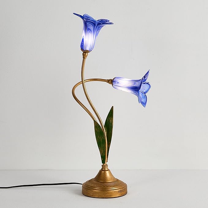 Skyblaze Classic Style Table Lamp with Flower Glass Shade, Elegant Flower Night Light, Art Deco Accent Table Lamp for Bedroom Living Room (Blue, 2 Lights)