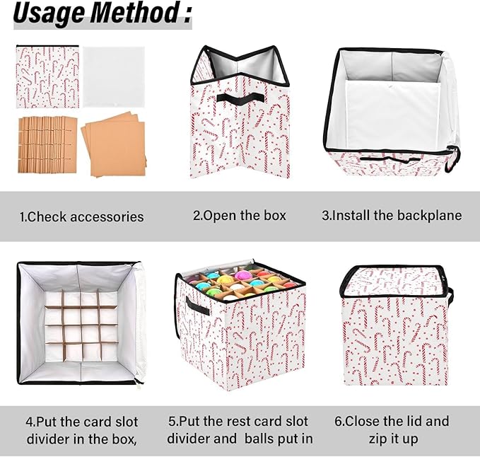 Christmas Ornament Storage Basket Box Red White Candy Cane Holiday Storage Container Cube with Adjustable Dividers for 64 Holiday Ornaments or Decorations Keeps Clean and Dry for Next Season