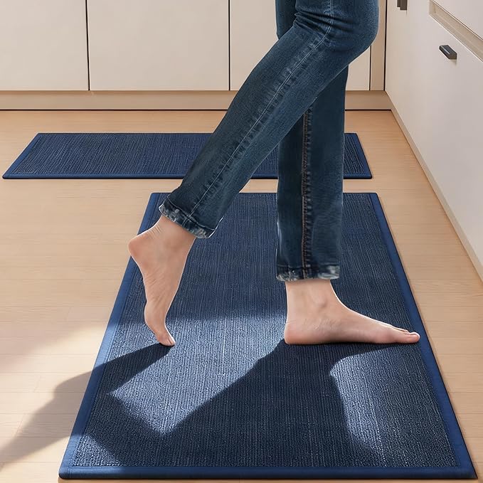 SUMLANS Kitchen Mat Set of 2 PCS, Cushioned Non Slip Rugs for Kitchen Floor, Absorbent Runner Comfort Standing Mats Washable for Kitchen, Office, Home (Dark Blue, 17.3"x47"+17.3"x30")